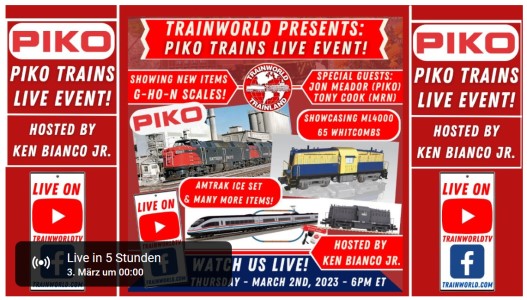 Heute um 0:00 Uhr , also schon am 3.3.2023, kommt aus dem Geschäft von Trainworld in New York, USA, ein Live Video mit Dr. René F. Wilfer von PIKO.  
