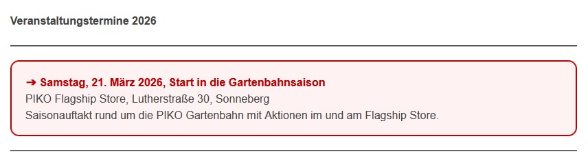 Am 21. M�rz 2026 ist der Start der Gartenbahnsaison bei PIKO im Flagship Store in Sonneberg. 