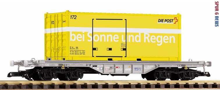 Herbstneuheit von PIKO - Flachwagen mit Postcontainer "bei Sonne und Regen" der SBB. 