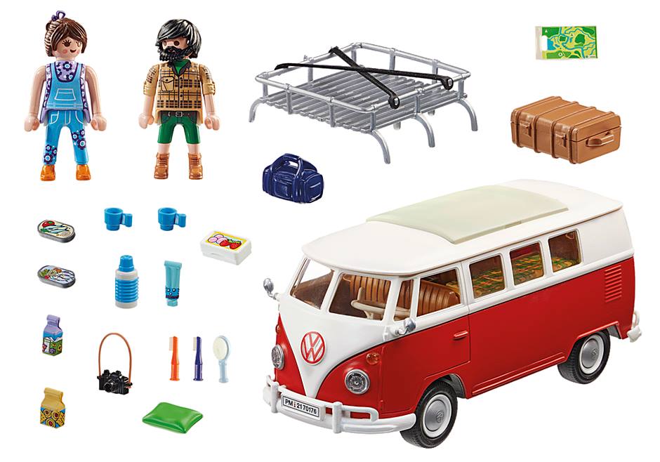 Das Spielset enthlt zwei PLAYMOBIL-Figuren, einen Volkswagen T1 Camping Bus mit abnehmbarem Dach und Koffern, detailreiche Innenausstattung mit Klapp-Esstisch, umklappbarer Rcksitzbank, Seitentren zum ffnen mit Spiegel und Platz fr Lebensmittel und viele weitere liebevolle Extras. 