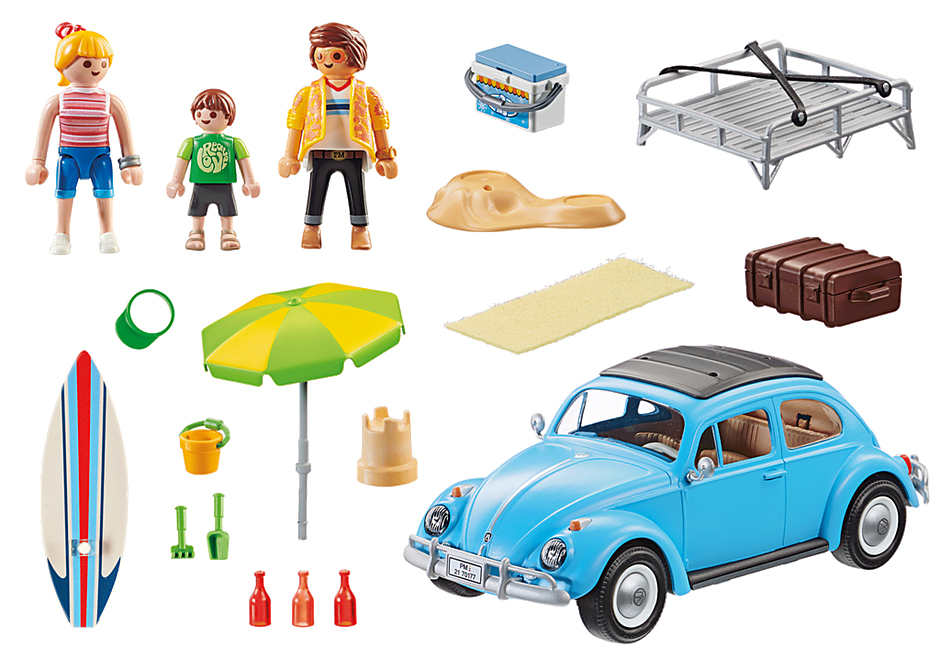 Mit Dachgepcktrger ideal ausgestattet fr einen Familienausflug an den Strand.Das Spielset enthlt drei PLAYMOBIL-Figuren, einen Volkswagen Kfer von PLAYMOBIL mit Dachgepcktrger, abnehmbarem Dach und Heckklappe zum ffnen, Surfbrett, Khlbox, Sandspielzeug und viele weitere Accessoires. 