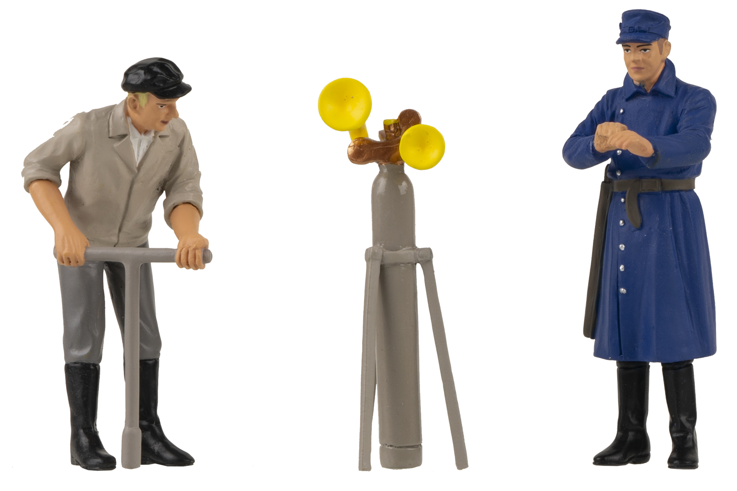 Art. Nr. 331611 - Zwei Figuren und Gasflasche mit Stativ und gelben Signalhrner. Ein Arbeiter mit Gleisschlssel im grauen Anzug mit Kappe und Stiefeln. Ein Arbeiter in blauem Uniformrock und blauer Kappe mit schwarzen Stiefeln. 