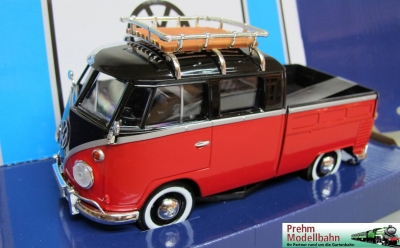 VW Bully T1 -Pritschenwagen in rot/schwarz mit Gepcktrger von Motormax Art. Nr. 79552