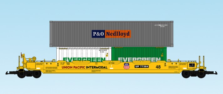 USA Trains : Art. Nr. 17114-  48 Fu Containertragwagen UP Union Pacific 48 Fu Tragwagen - drei  Container