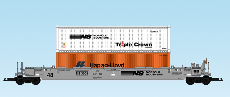 USA Trains : Art. Nr. 17119 -  48 Fu Containertragwagen NS Norfolk Southern, grauer 48 Fu Tragwagen - zwei Container