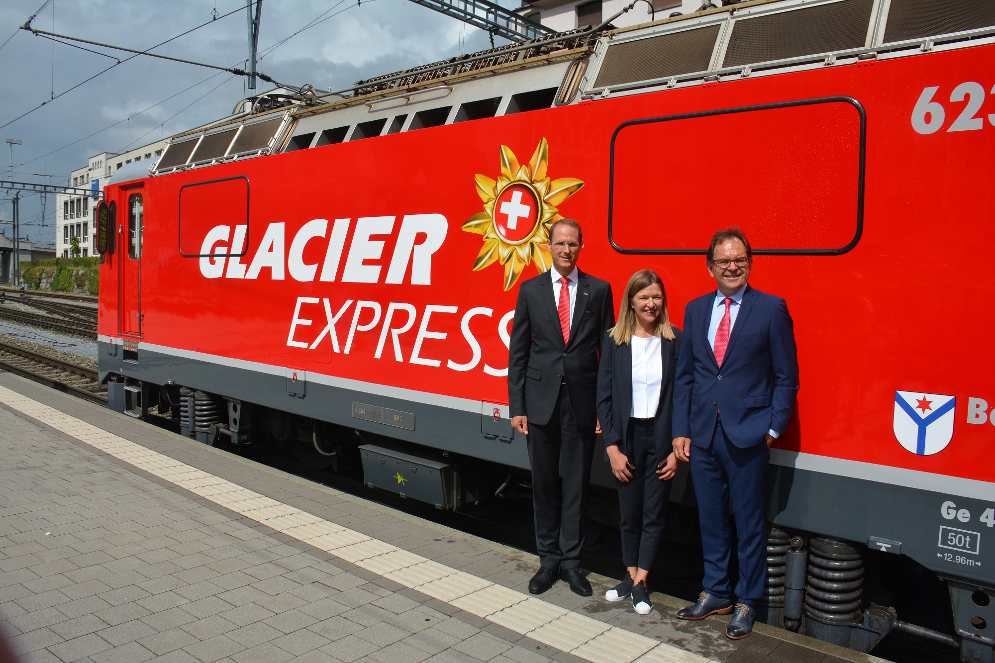 V.l.n.r Renato Fasciati, RhB, Annemarie Meyer, Glacier Express AG, Fernando Lehner, MGBahn