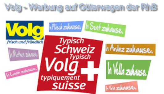 Volg - Werbung auf Gterwagen der RhB, Flsch, Sent, Mathon, Lavin, Vella, Ardez, Vrin, Landquart