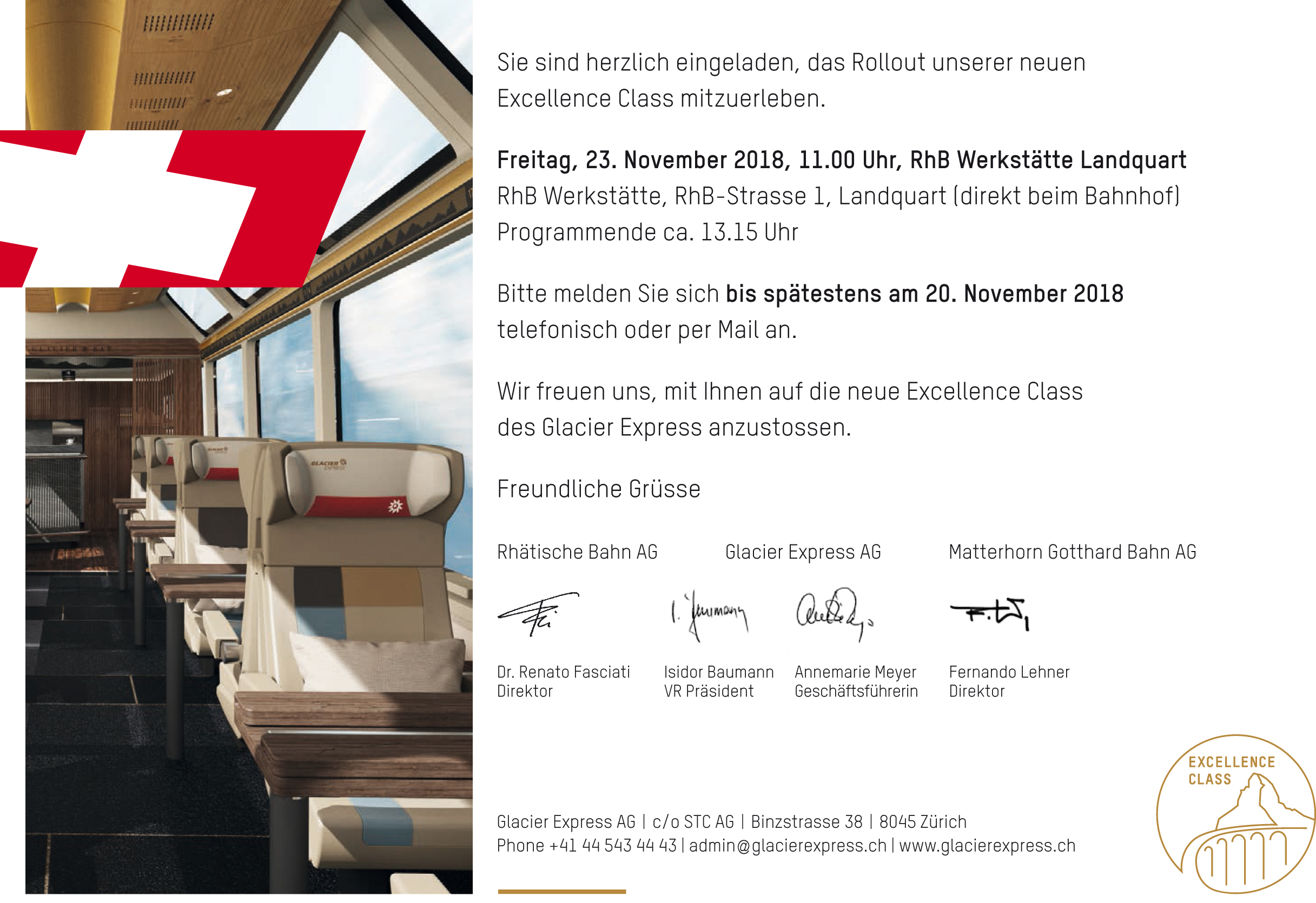 Der Roll Out fand heute, Freitag 23.11.2018, im Lokdepot in Landquart statt. Hierzu gab es die nachstehende Einladung. Leider konnte ich diesmal diesen Termin nicht wahrnehmen und habe die Bilder und den Text vom Team des Glacier Express bernommen. Nachstehend noch die Einladung im Original! 