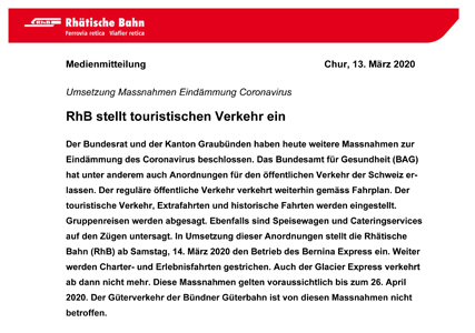 Coronavirus - Absage aller Bernina Express, Glacier Express und Sonderfahrten der RhB