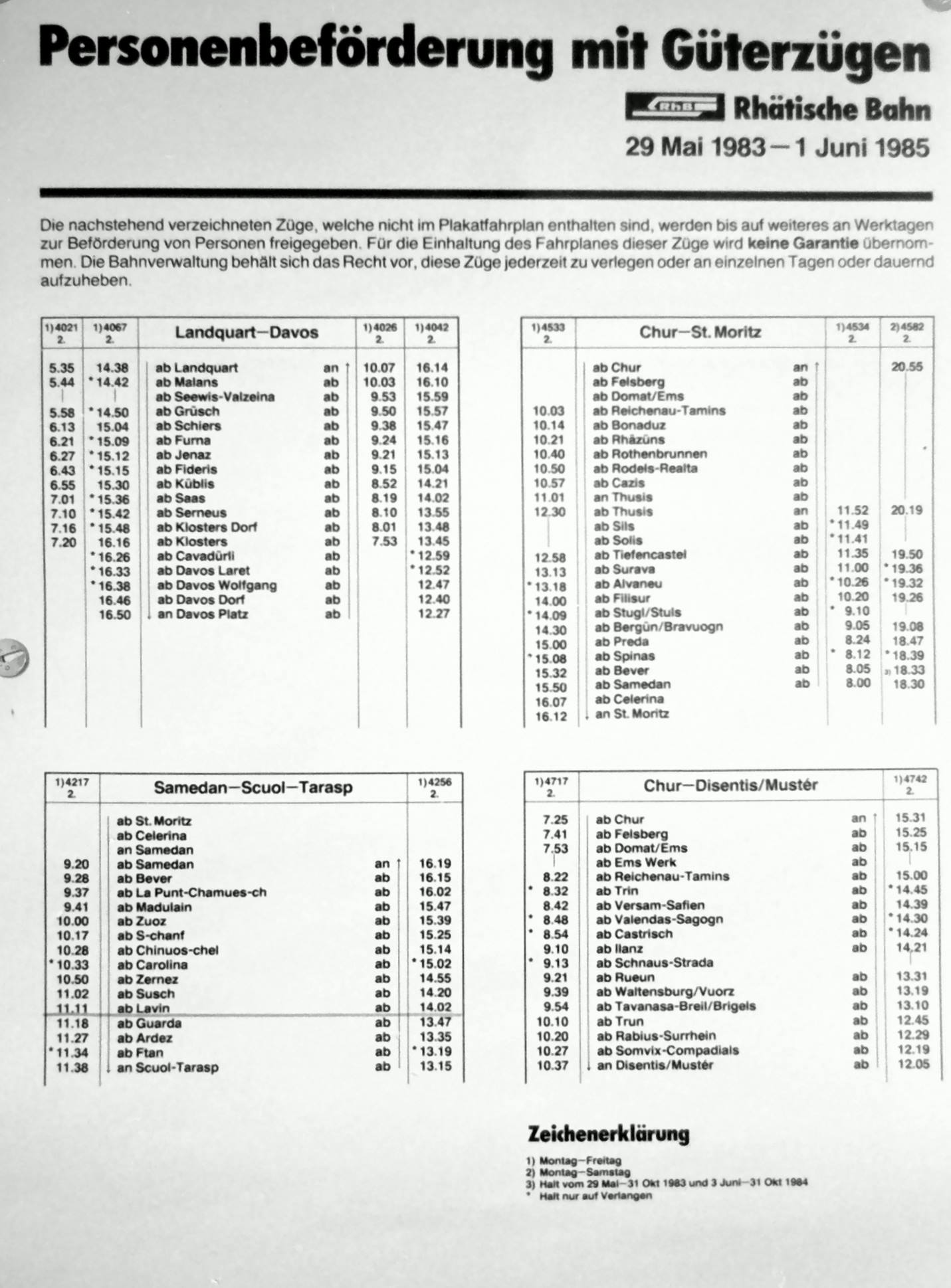 Personenbefrderung mit Gterzgen - 29. Mai 1983 bis 1. Juni 1985 - bei der RhB - meist mit Krokodilen! 