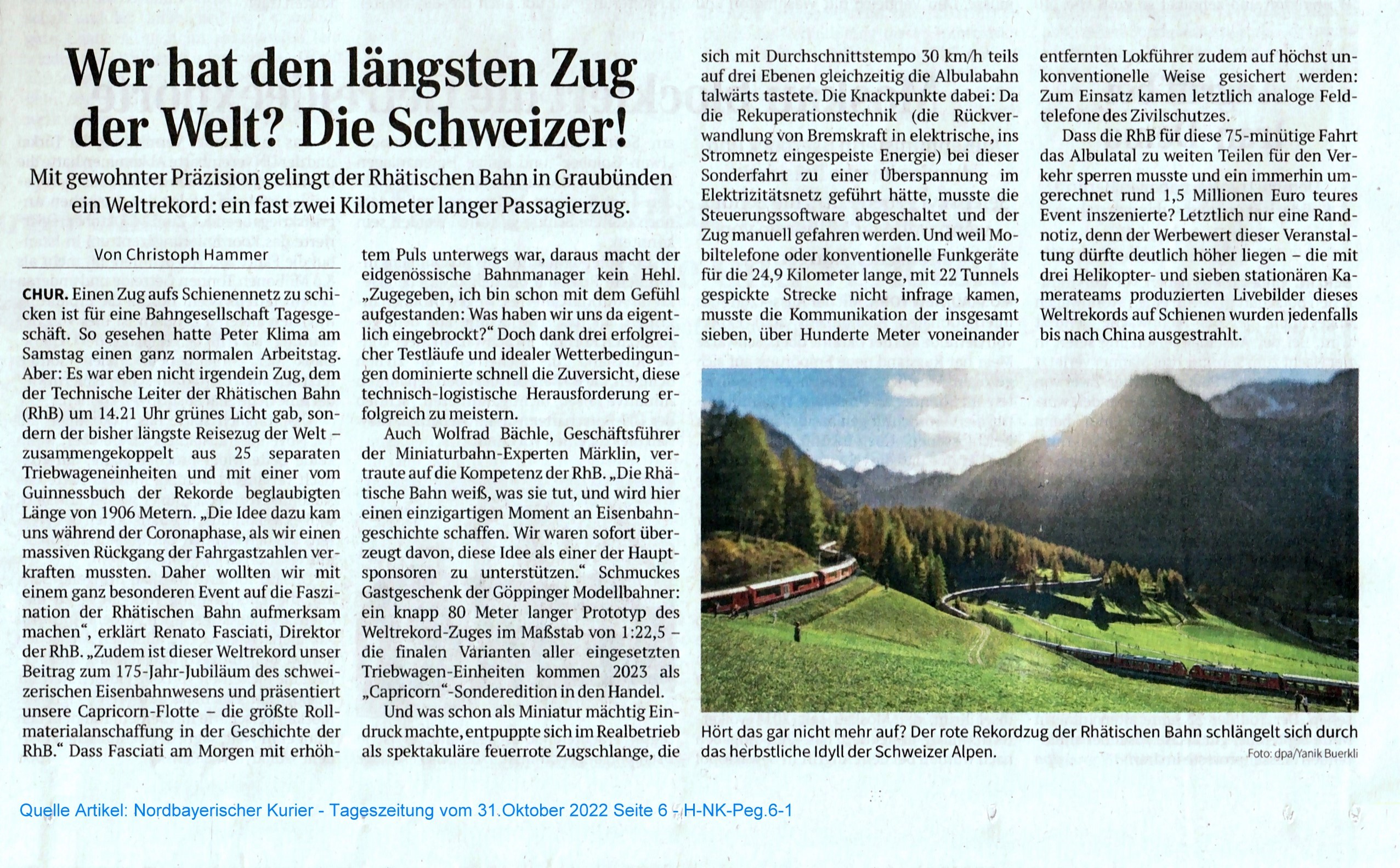 Wer hat den lngsten Zug der Welt? Die Schweizer! - Scan vom Bericht aus dem Nordbayerischen Kurier vom 31.10.2022. 