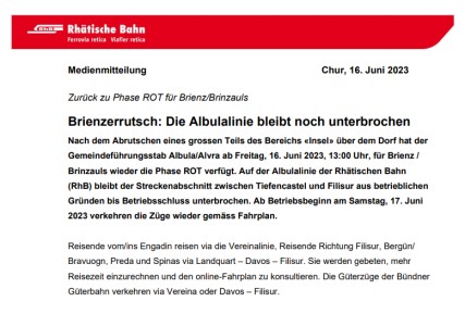 Die heute gesperrte Albulalinie der RhB ist ab 17.06.2023 wieder geffnet!