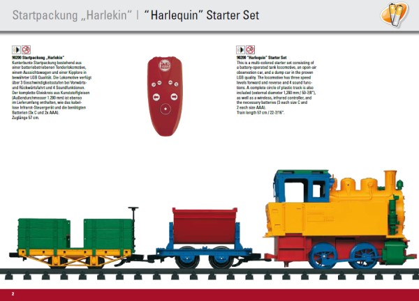 Bild oben zeigt den bunten "Harlekin" Zug mit Dampflok, Lorenlok und einem Feldbahnwagen in gelb/grn fr die Personenbefrderung. Der Packung war eine Fernbedienung zur Zugsteuerung und dem auslsen des Sounds beigefgt. Batterie einlegen und es ging bunt im Kinderzimmer los. 