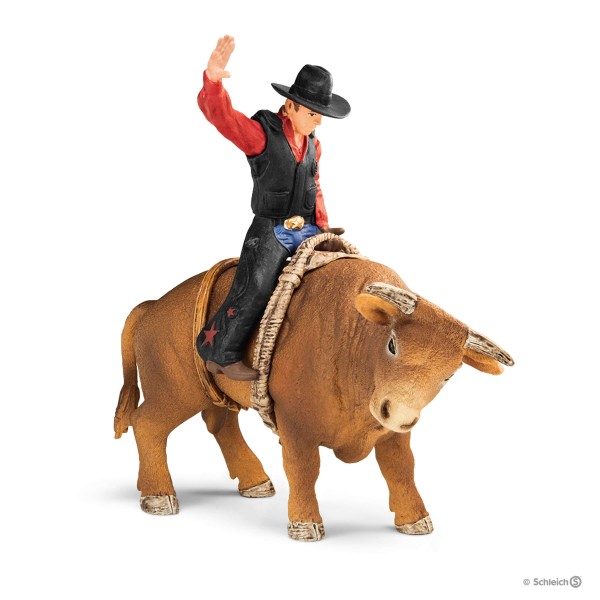 Schleich Artikelnummer:72120 - Cowboy auf Bulle - Bullenreiten ist einer der aufregendsten Wettbewerbe im Rodeo. Es gibt im Grunde nur drei Regeln: Der Cowboy darf sich nur mit einer Hand festhalten, muss die andere in die Luft strecken und mindestens acht Sekunden auf dem Rcken des Bullen bleiben. Je heftiger der Bulle buckelt und je lnger der Cowboy auf ihm sitzt, desto mehr Punkte vergibt die Jury.