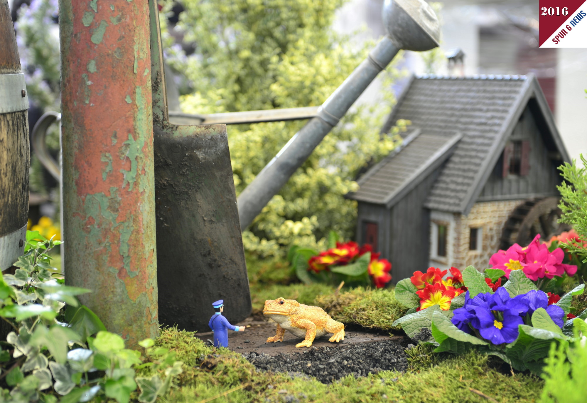 Was sich der Messebauer bei dem oberen Bild gedacht hat, wissen wir nicht. Die Kröte ist jedoch ganz angetan vom Schaffner. Vielleicht löst sie ja auch eine Fahrkarte oder ist nur erstaunt wie auch ein kleiner Garten farbenfroh und antik gestaltet werden kann.