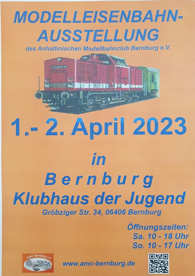 Am 1.und 2. April gibt es in Bernburg eine Modelleisenbahnausstellung! 