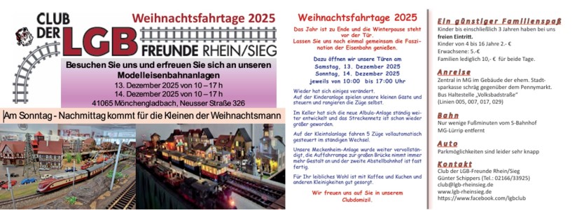 Club der LGB Freunde Rhein Sieg e.V. Weihnachtsfahrtage 2025 - 13. und 14. Dezember 2025 von jeweils von 10 - 17 Uhr