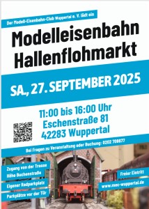Der Modell-Eisenbahn-Club Wuppertal e.V. lädt zum Modelleisenbah Hallenflohmartk am 27.09.2025 von 11-16 Uhr ein. Eschenstraße 81, 42283 Wuppertal.