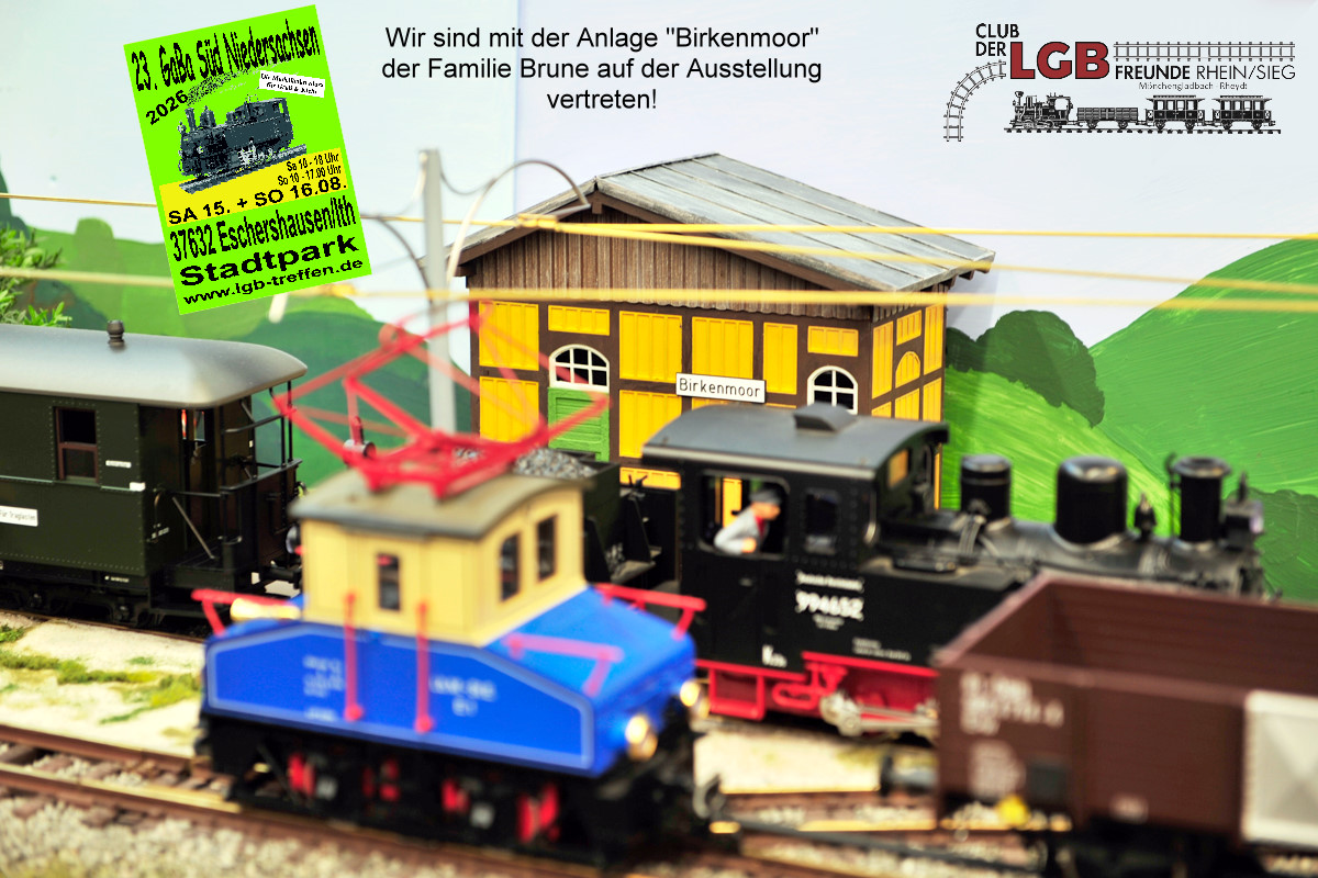 Wir vom Club der LGB Freunde Rhein Sieg sind durch die Familie Brune und deren Anlage "Birkenmoor" auf dem Gartenbahn Treffen in Eschershausen als Gast dabei. Besuchen Sie diese sehenswerte Anlage mit Schmalspurbetrieb. Dampf-, Diesel- und Elektroloks sind im Einsatz. Gezeigt wird auch ein Schiffsanleger. 