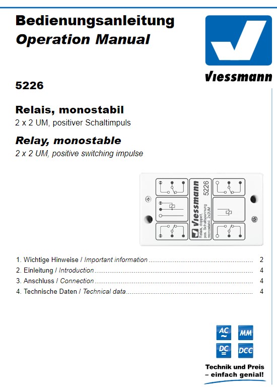 Dieses Relais von Viessmann haben wir ausgewhlt fr die Dioramenbauer unter den Gartenbahnern. Es ist nur in trockenen Rumen zu verwenden und vor allem  n u r  fr den gebten Elektroniker. Sehr gut gefallen hat uns auch die Aussage, das sogar im Digitalstromkreis alles geruschlos abluft.  Preis: UVP: 26,50 EUR incl. Mehrwertsteuer und zzgl. Versandkosten.