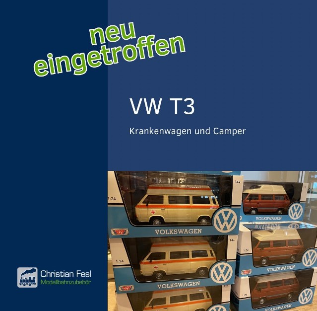 VW T 3 - Krankenwagen und Camper - neu eingetroffen. Mehr unter: Christian Fesl Modellbahnzubehr - Ausgestaltung (gartenbahn45.de