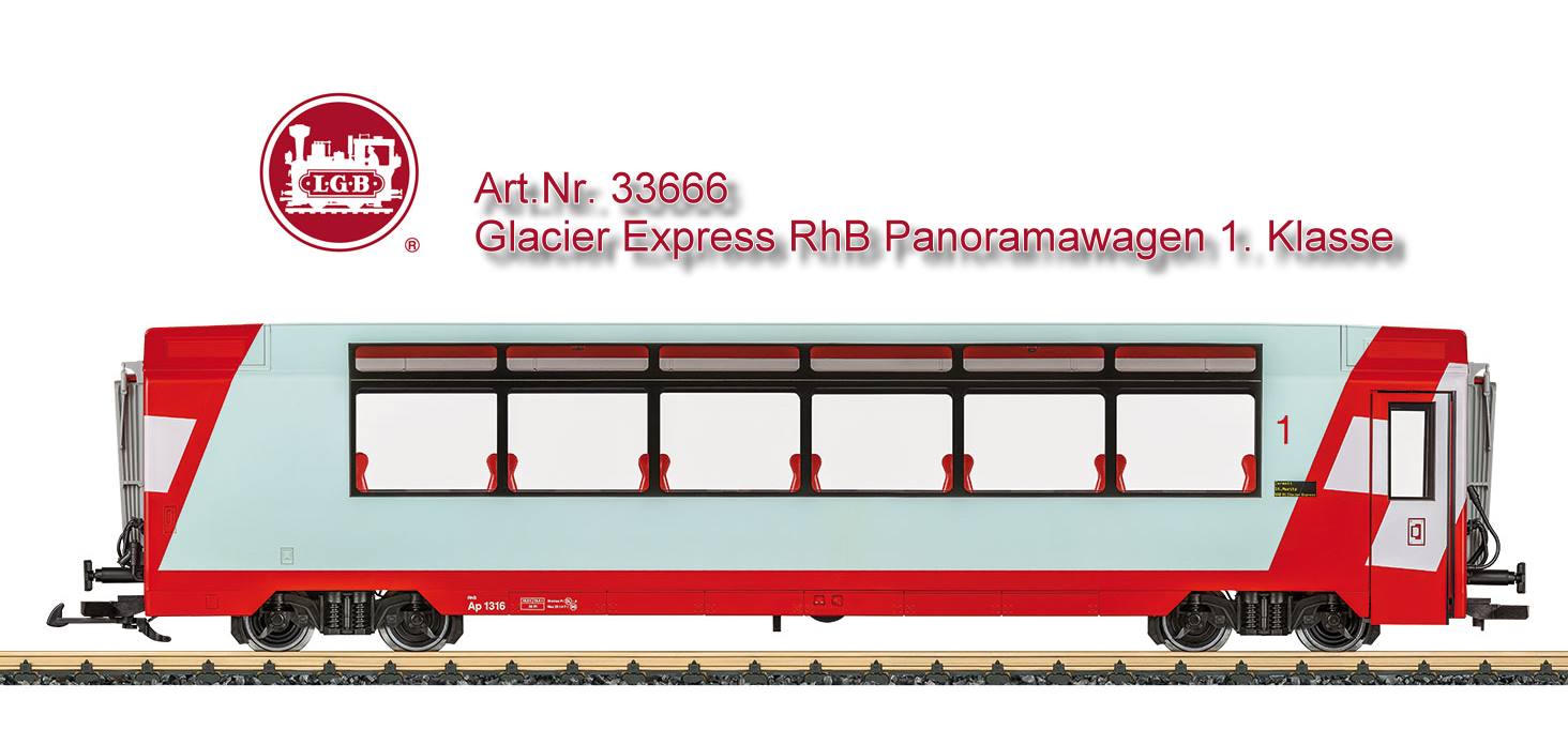 Art. Nr. 33666 - RhB Panoramawagen 1. Klasse GEX. Der Glacier Express fhrt von St. Moritz bis Disentis auf den Strecken der RhB und wird von dort bis zum Endpunkt Zermatt von der MGB gefhrt. Beim LGB-Modell handelt es sich um die vorbildgerechte Nachbildung eines neuen Panoramawagens 1. Klasse im aktuellen Zustand der Epoche V. Das Modell verfgt ber eine Inneneinrichtung und Innenbeleuchtung. Lnge ber Puffer 68 cm.