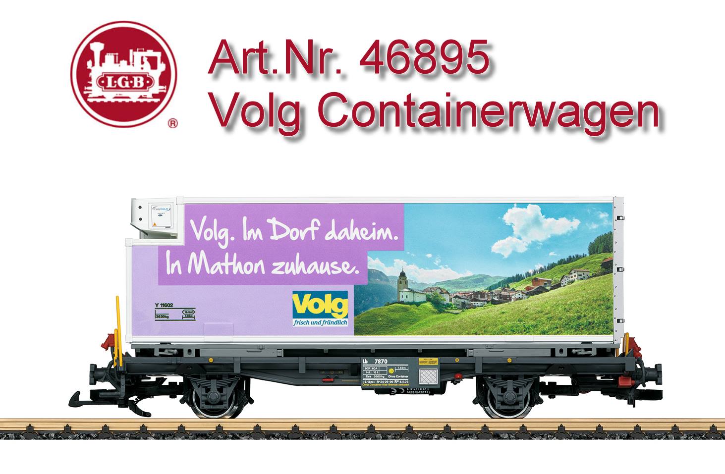 LGB Art. Nr. 46895 - Containertragwagen der RhB, beladen mit einem abnehmbaren Khlcontainer der VOLG Konsumwaren AG. Originalgetreue Farbgebung und Beschriftung der Epoche VI. Wagen mit neuer Wagennummer. Metall-Scheibenradstze. Lnge ber Puffer 41 cm.