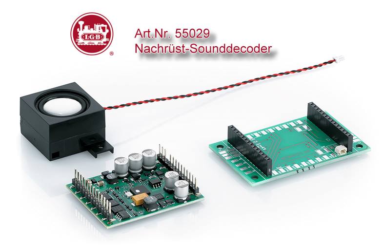 55029 Nachrst digitaler Sounddecoder. Dieser Decoder eignet sich fr den Einsatz im Digitalbetrieb (DCC, mfx) sowie im Analogbetrieb (DC). Es knnen damit alle LGB Triebfahrzeuge ab Baujahr 2014 mit der 28-poligen Schnittstelle umgerstet werden. Viele Fahrzeuge mit der alten 10-poligen Schnittstelle knnen mittels des Schnittstellenadapters 55529 umgerstet werden. Fahrzeuge ohne Schnittstelle knnen mittels der beiliegenden Schnittstellenplatine umgebaut werden, Gre der Schnittstellenplatine ca. 65 mm x 40 mm. Zustzlich liegt eine Lautsprecherbox bei, es knnen aber auch andere von den elektrischen Werten her passende Lautsprecher angeschlossen werden. Gegenber dem bisherigen Decoder wurden die Leistungsdaten deutlich erhht, zudem bietet er wesentlich mehr Funktionen und Programmiermglichkeiten. Mit dem Mrklin-Decodertool (https://www.maerklin.de/de/service/downloads/neu-nachruest-decoder-mld3msd3/mdecodertool-mdt3/) kann der Decoder komfortabel programmiert und den individuellen Bedrfnissen angepasst werden. ber das Internet besteht die Mglichkeit zum Zugriff auf die umfangreiche Soundbibliothek, die dafr extra um eine Vielzahl der bekannten LGB Modelle erweitert wurde und stndig ergnzt wird. Technische Daten: - Gesamtbelastbarkeit max. 10 A, Motorausgang > 4 A - Audioleistung (Sound) 6,7 W/4 Ω - Lokadresse 1-10239 programmierbar - 14 oder 28 (128) Fahrstufen - Lastregelung analog und digital an verschiedene Loktypen anpassbar - parallele Ansteuerung fr alle Licht- und Funktionsausgnge - programmierbare Blinklicht- und Kurzzeitfunktionen Diese und weitere Funktionen lassen sich mit der Mrklin-Zentrale CS 2 und CS 3 sowie der Mrklin Mobile-Station programmieren.