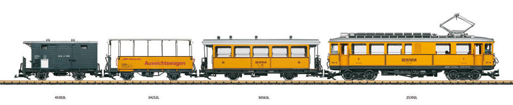 Bernina Triebwagen ABe 4/4 Nr. 30 - LGB 25392 mit 30563, RhB Barwagen C 114, 34252, RhB Aussichtswagen (Cabiro), 45302, RhB gedeckter Gterwagen