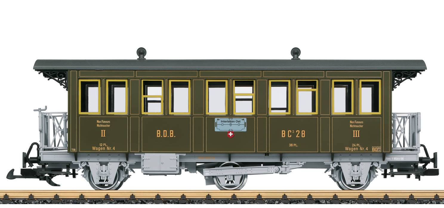 31331 BDB Personenwagen C 31 Modell eines Personenwagens 3. Klasse der Brnig Dampfbahn BDB. Originalgetreue Farbgebung und Beschriftung der Epoche VI. Komplett nachgebildete Inneneinrichtung. Tren an den Stirnseiten zum ffnen. Metall-Speichenradstze. Lnge ber Puffer 45 cm. 