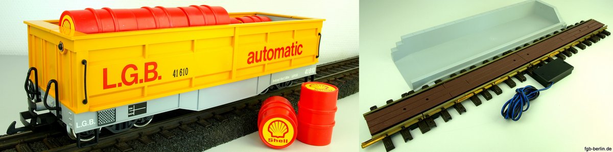 Der RhB Seitenkippwagen wurde bereits 1993 bis 1998 als 4-Achs Automatic-Selbstenladewagen mit einem grauen Chassis und der Wagenaufbau in nachgebildeter Stahlbauweise in gelb produziert. (LGB-Saganer Straße) Aufdruck: L.G.B. 41610 automatic. Im Lieferumfang war eine Abladerampe dabei. Das LGB Auslösegleis - Art. Nr. 10154 war nicht im Lieferumfang enthalten. Katalog 1993/1994 - S. 155. Beipack 10 Shell Ölfässer. Metallscheibenräder