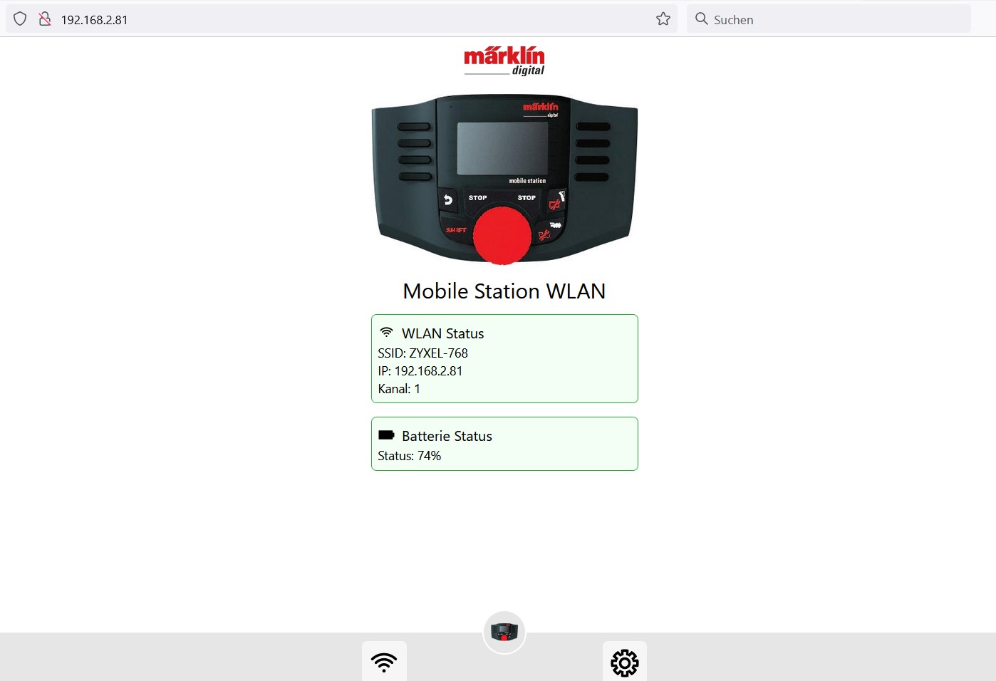 Nach ein paar Sekunden wechselt  die Anzeige und die MSW wird als Bild angezeigt. Hier ist neben dem WLAN Status noch die SSID des Routers sowie die IP und der Kanal angezeigt. Auch der Batteriestatus wird als Info in einem Feld dargestellt. Am unteren Rand sind noch drei Symbole. Durch drcken wechselt der Bildschirm. 