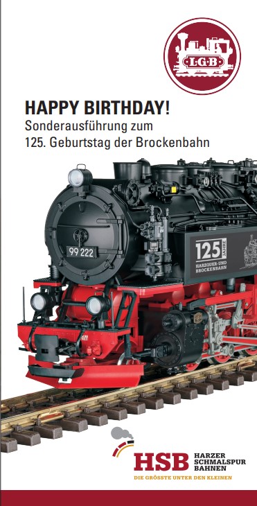 Hier gibt es den Flyer als Download zum 125. Geburtstag der Brockenbahn mit der Sonderausfhrung der Dampflok 99 222 von LGB. 