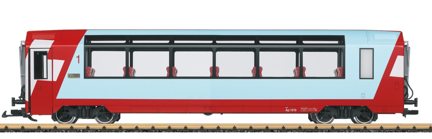 LGB Art. Nr. 36666 - RhB Panoramawagen 1. Klasse - Modell eines Panoramawagens 1. Klasse der Rhtischen Bahn wie er im Glacier Express eingesetzt wird. Originalgetreue Farbgebung und Beschriftung der Epoche VI. Komplette Inneneinrichtung und eingebaute Innenbeleuchtung. Mit Kugellagerradstzen. Tren zum ffnen.