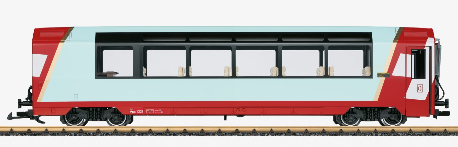 LGB Art. Nr. 33670 - RhB Panoramawagen Ecellence Class - Modell eines Panoramawagens 1. Klasse der Rhtischen Bahn wie er im Glacier Express eingesetzt wird. Originalgetreue Farbgebung und Beschriftung der Epoche VI. Komplette Inneneinrichtung und eingebaute Innenbeleuchtung. Mit Kugellagerradstzen. Tren zum ffnen.