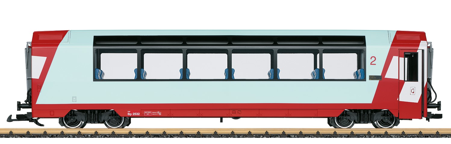 LGB Art. Nr. 33671 - RhB Panoramawagen 2. Klasse - Modell eines Panoramawagens 2. Klasse der Rhtischen Bahn wie er im Glacier Express eingesetzt wird. Originalgetreue Farbgebung und Beschriftung der Epoche VI. Komplette Inneneinrichtung und eingebaute Innenbeleuchtung mit Kugellagerradstzen. Tren zum ffnen. 