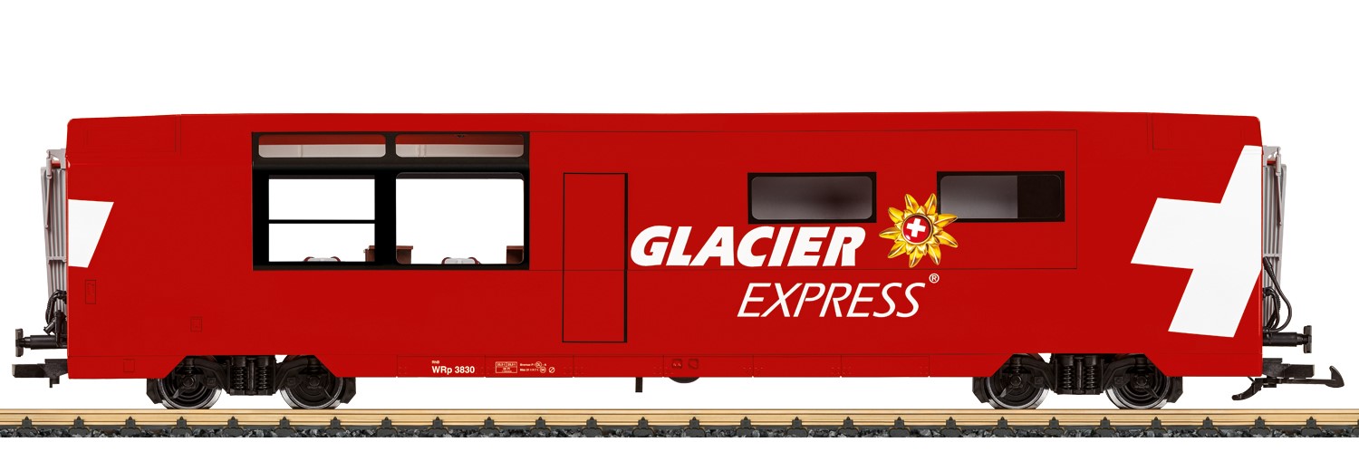 LGB Art. Nr. 33673 - RhB Panoramawagen Speisewagen -Glacier Express im Einsatz ist. Originalgetreue Farbgebung und Beschriftung in der neuesten Ausfhrung der Epoche VI. Vorbildgetreue Inneneinrichtung, Innenbeleuchtung mit Leuchtdioden.