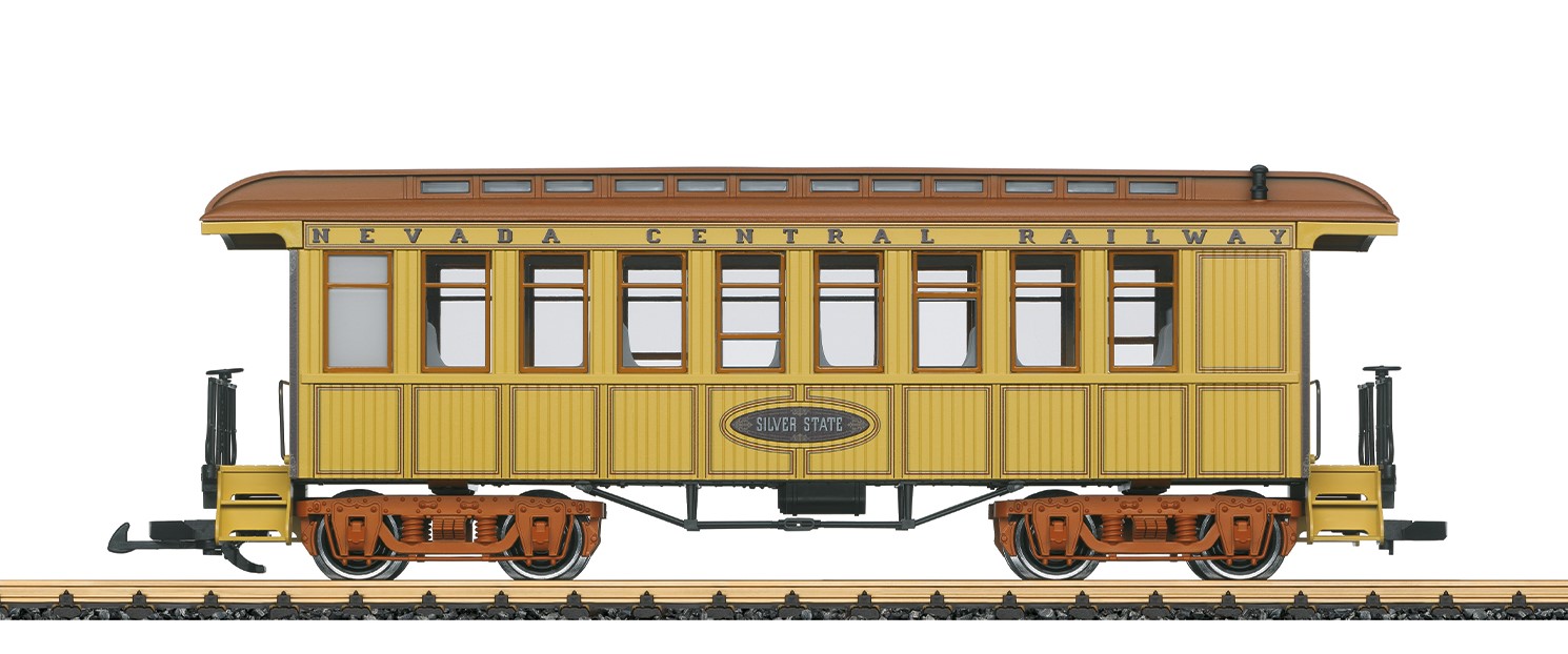 LGB Art. Nr. 36830 - US Personenwagen der NCRR - Modell eines typischen amerikanischen Oldtimer-Personenwagens in der Ausfhrung der Nevada Central Railroad, wie er damals bis in die 1930er-Jahre im Einsatz war. Originalgetreue Farbgebung und Beschriftung der Epoche II. Tren zum ffnen, vollstndige Inneneinrichtung. Metallradstze.