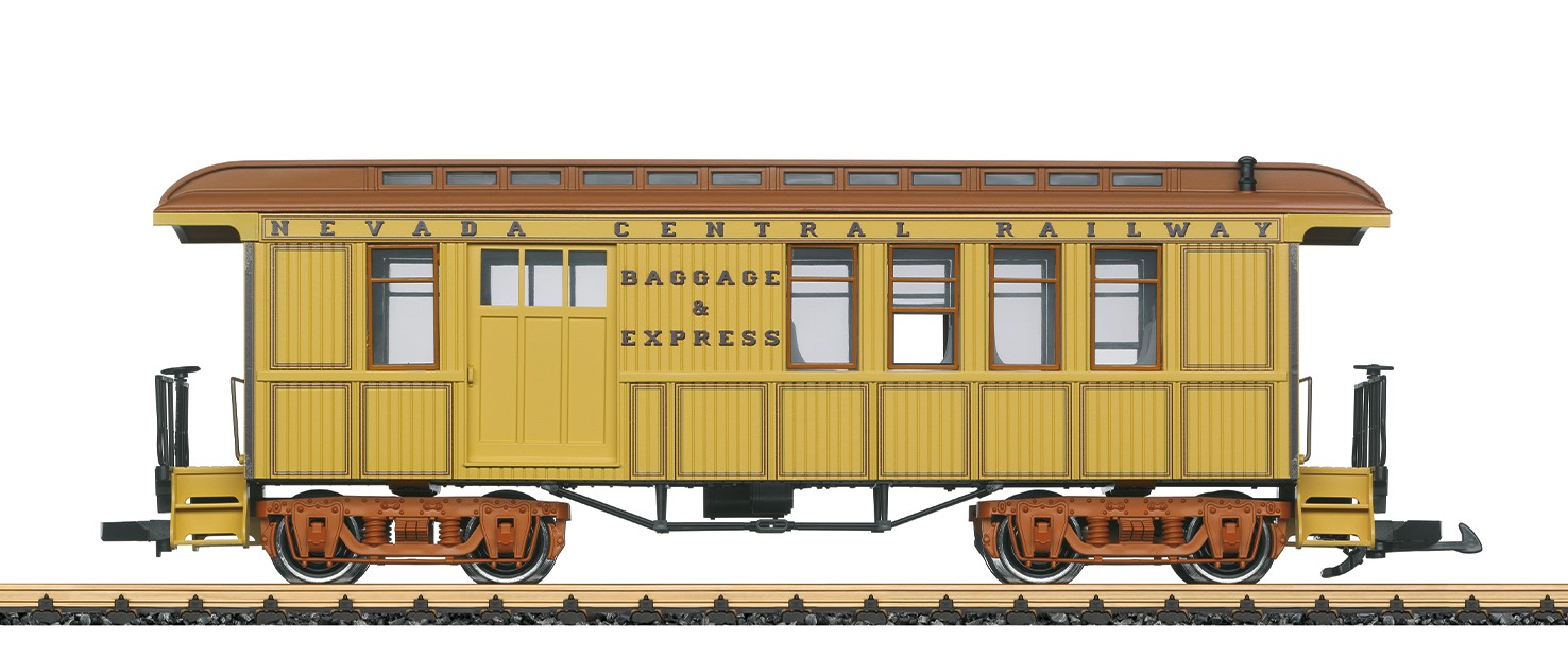 LGB Art. Nr. 36831 - US Halbgepckwagen der NCRR - Modell eines typischen amerikanischen Oldtimer Halbgepckwagens in der Ausfhrung der Nevada Central Railroad, wie er damals bis in die 1930er-Jahre im Einsatz war. Originalgetreue Farbgebung und Beschriftung der Epoche II. Tren zum ffnen, vollstndige Inneneinrichtung.