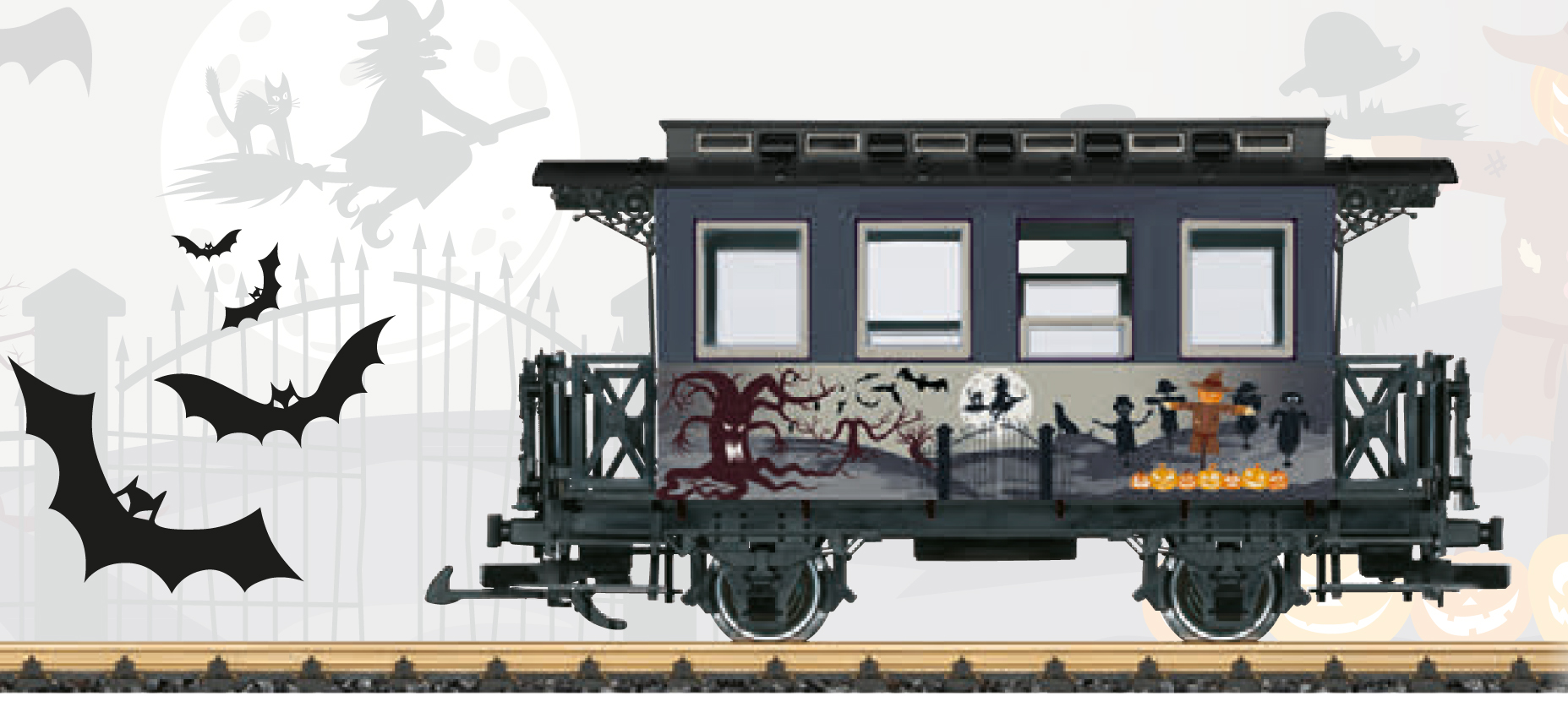 LGB Art Nr. 39024 - Halloween - Personenwagen - Modell eines 2-achsigen Personenwagens in der Gestaltung passend zu Halloween. Tren zum ffnen, Metall-Scheibenradstze.