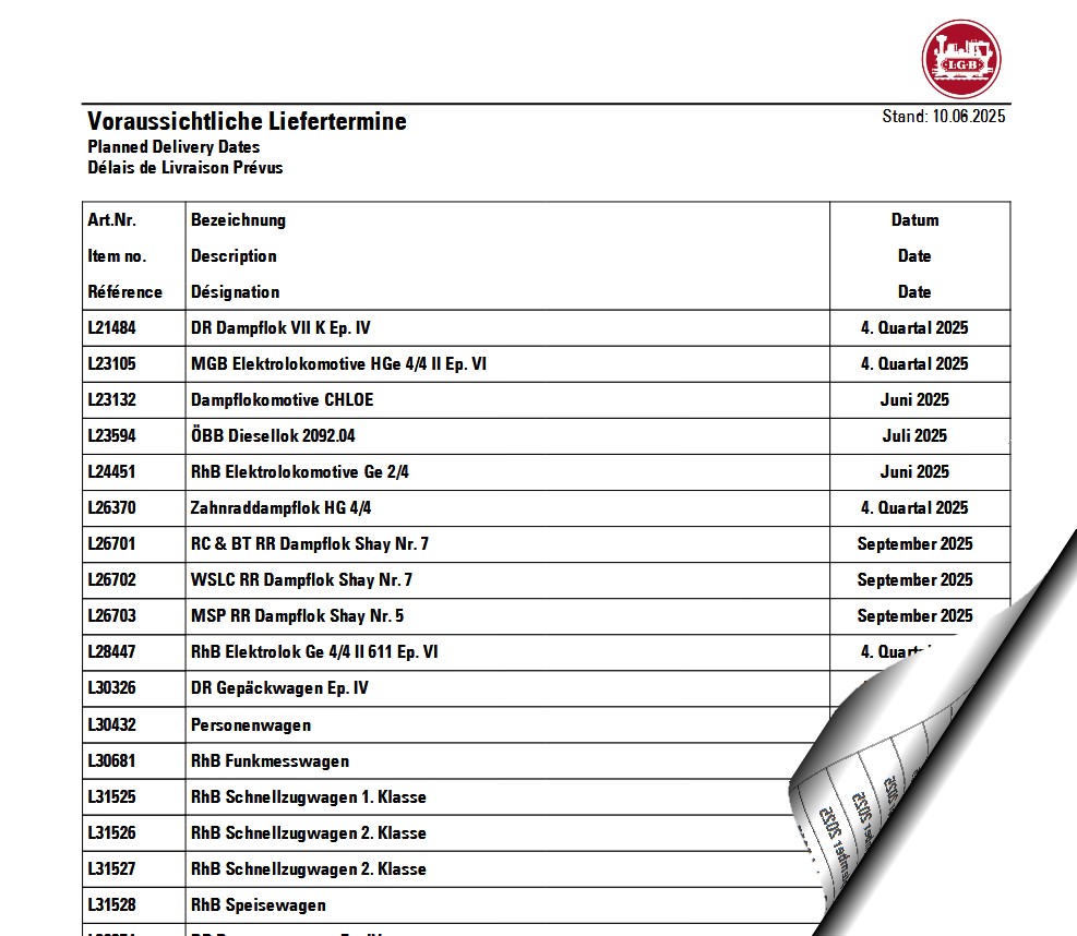 LGB Lieferterminlisten Juni 2025