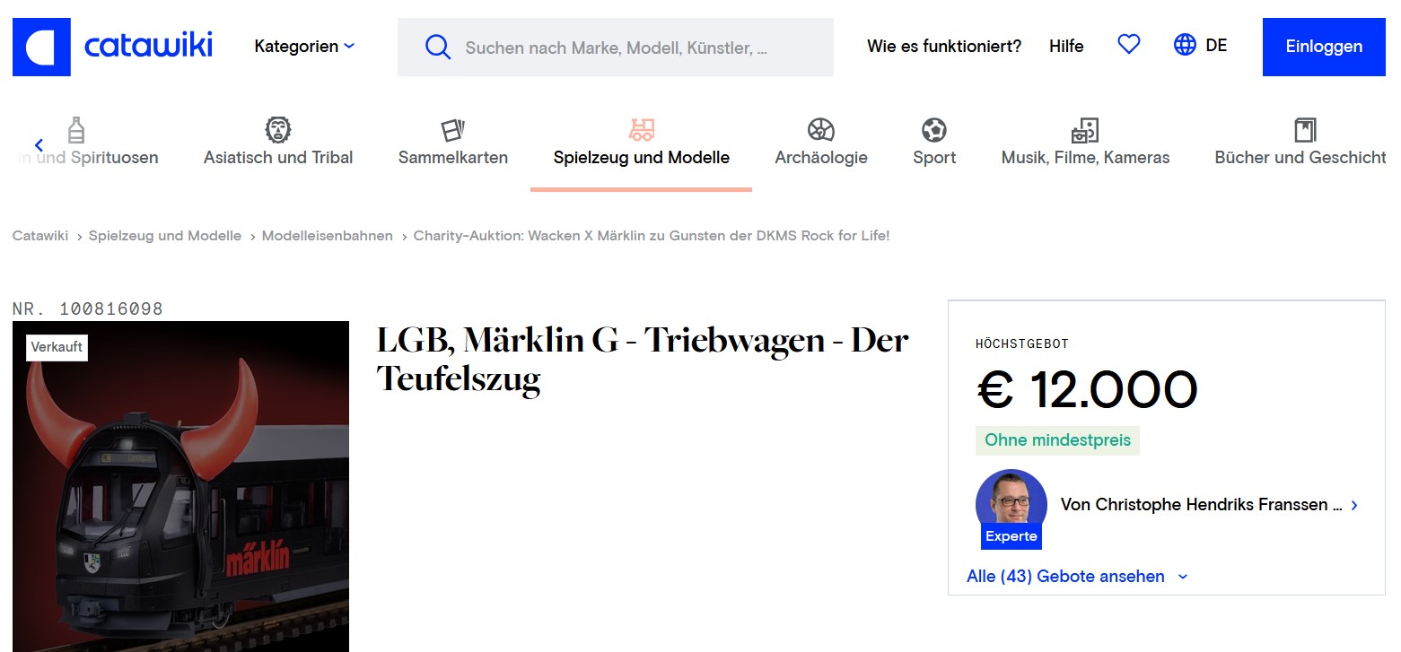 Verkauft f�r 12.000 EUR der Wacken Capricorn Triebwagen von LGB in schwarz mit den Teufelsh�rnern. 