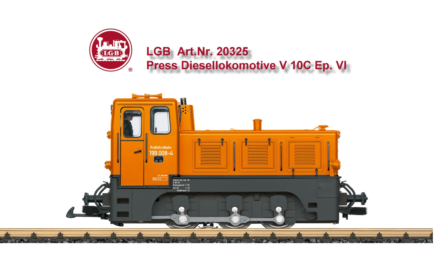 LGB Art. Nr. 20325 - Modell der Diesellok der Baureihe V 10C mit der Betriebsnummer 199 008-4. Originalgetreue Farbgebung und Beschriftung der Epoche VI, wie die Maschine aktuell in Betrieb ist. Alle Radsätze mit einem leistungsstarken Bühler-Motor angetrieben, Haftreifen. Ausgerüstet mit einem mfx/DCC-Sounddecoder mit vielen Licht- und Soundfunktionen. Führerstandstüren zum Öffnen. Länge über Puffer 29 cm.