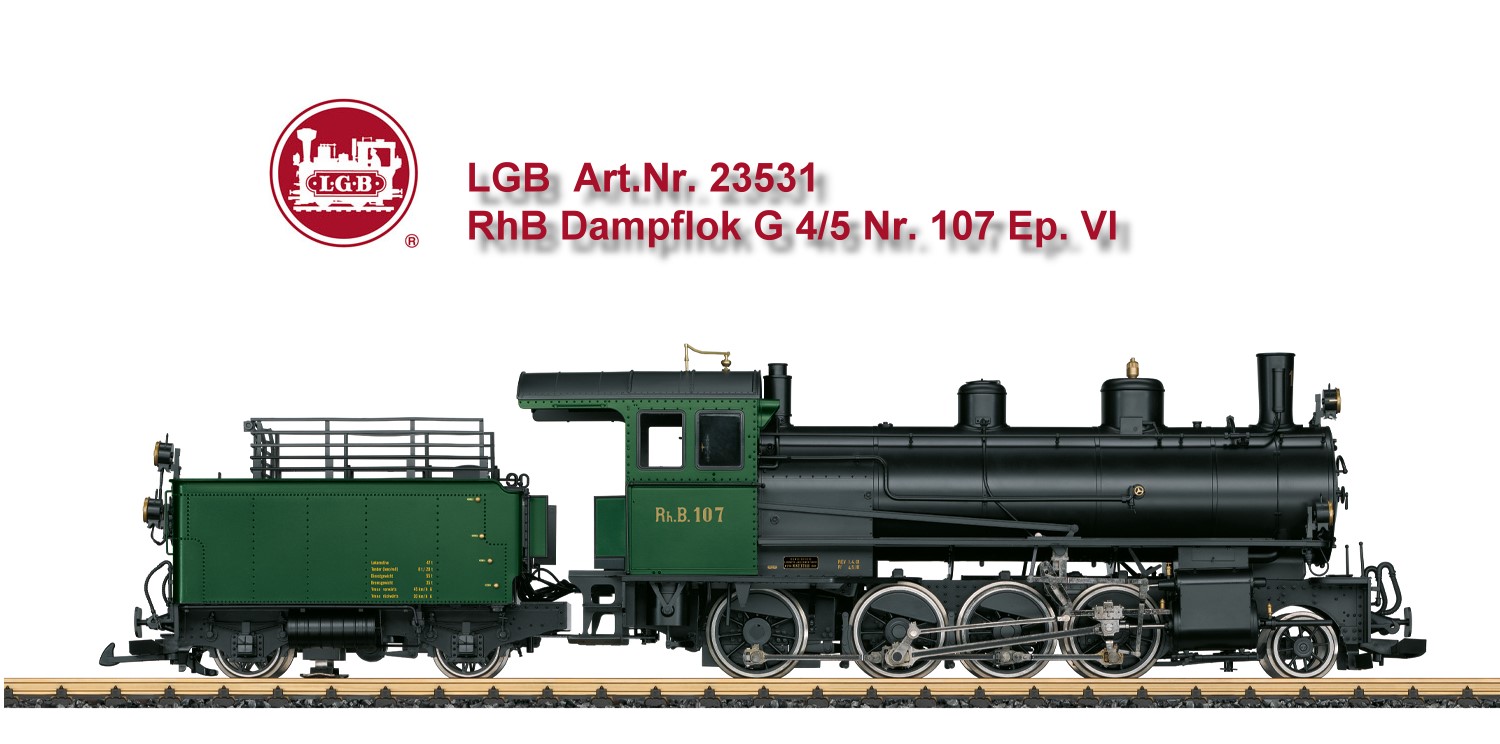 LGB Art. Nr. 23531, G 4/5 Dampflok, Modell einer Schlepptender - Dampflok der Baureihe G 4/5 der RhB. Originalgetreue Farbgebung und Beschriftung im Auslieferzustand der Epoche I. Antrieb mit einem kugelgelagerten B�hler - Motor, Haftreifen. Ausger�stet mit einem mfx/DCC - Decoder mit vielen Licht- und Soundfunktionen wie Spitzenlicht mit schweizer Lichtwechsel, Feuerb�chsbeleuchtung, F�hrerstandsbeleuchtung, Fahrger�usch, durch Reedschalter ausl�sbare Pfeife und vieles mehr. Eingebauter Rauchgenerator mit radsynchronem Dampfausstoss. Viele angesetzte Details. L�nge �ber Puffer 62 cm.