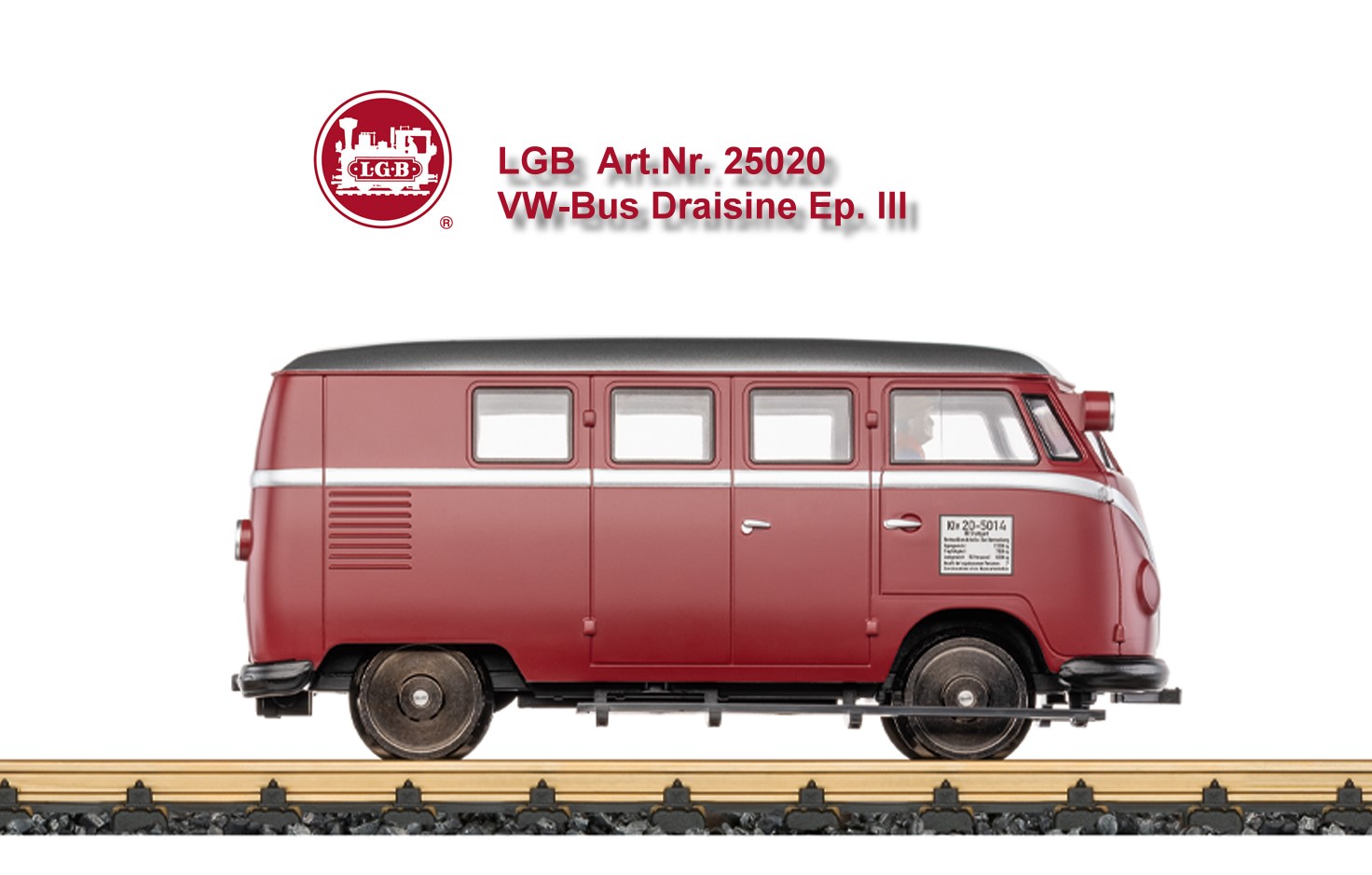 LGB Art. Nr. 25020, VW-Bus Draisine Epoche III, VW-Bus Draisine KLV 20 in der Epoche III der Deutschen Bundesbahn. In den 50er-Jahren wurden verschiedene VW T1 Modelle f�r den Schienenverkehr gebaut. Hier wurde auf die Technik der Serien T1 gesetzt und es wurden bei der Waggon- und Maschienenbau Donauw�rth sowie bei der Michael Beilhack Maschinenfabrik verschiedene bahntechnische Umbauten vorgenommen. Dadurch ist z.B. das Lenkrad entfallen und es wurden an den Seiten Tritte angebaut. Das Modell ist ausgestattet mir einen mfx/DCC Decoder und hat verschiedene Licht- und Soundfunktionen. Spitzenbeleuchtung und Schlusslicht, sowie Innenbeleuchtung digital schaltbar. Zus�tzlich ausgestattet mit einem Energiespeicher. L�nge des Fahrzeugs ca. 19 cm.