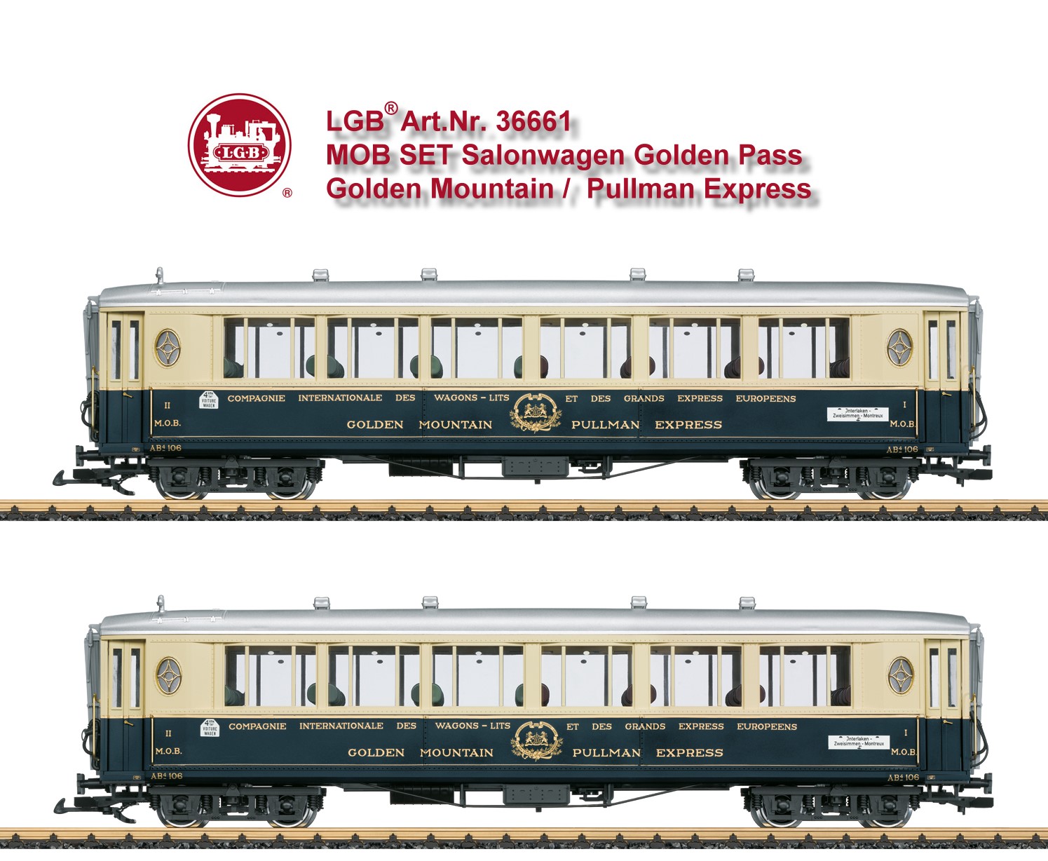 LGB Art. Nr. 36661 - Personenwagen-Set bestehend aus zwei Wagen des "Golden Mountain Pullman Express" der CIWL, wie sie bei der MOB in den 30er-Jahren im Einsatz waren. Originalgetreue Farbgebung und Beschriftung der Epoche II. Detaillierte Inneneinrichtung, Innenbeleuchtung serienmäßig eingebaut. Türen zum Öffnen. Metallradsätze. Länge über Puffer je Wagen 66 cm.