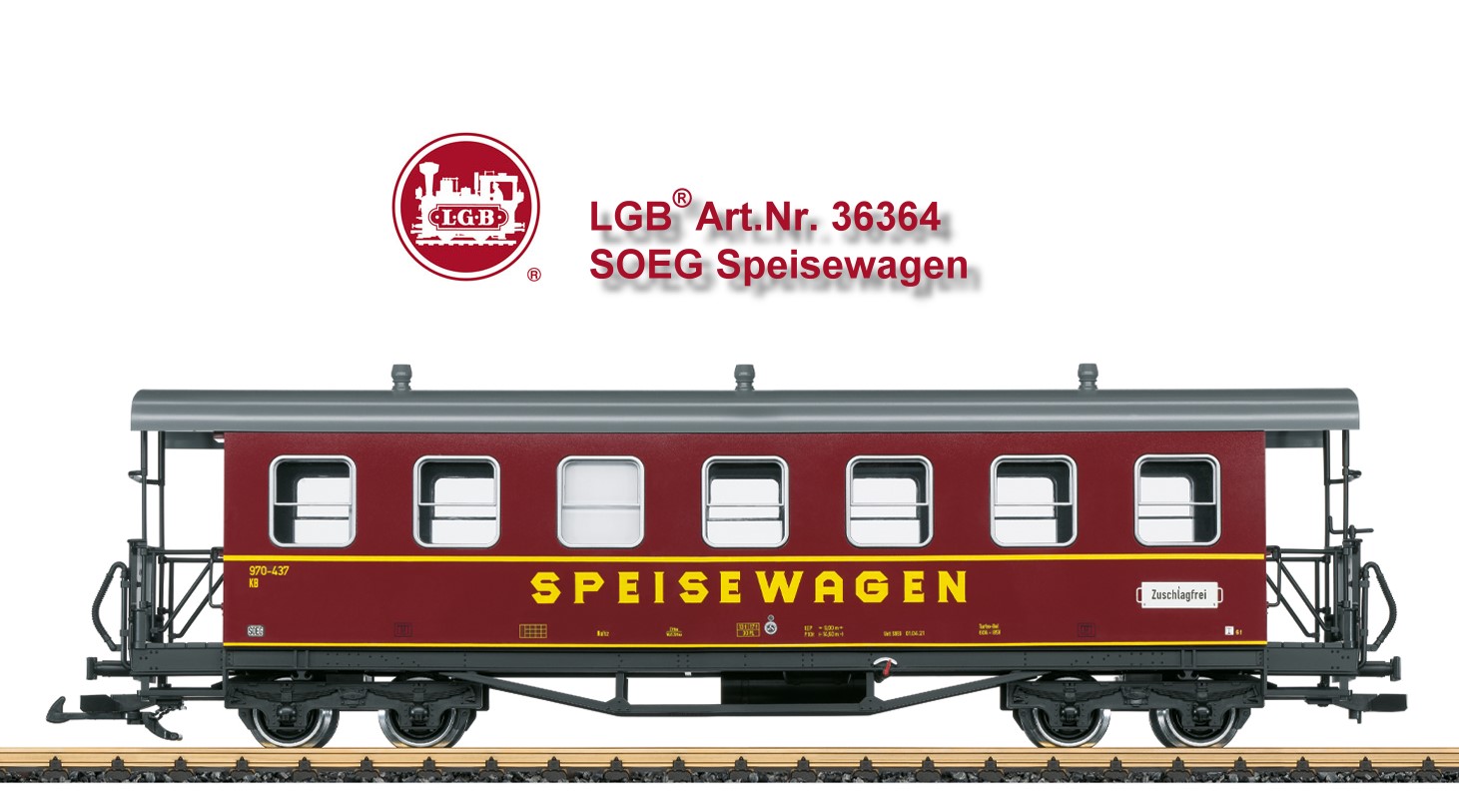 LGB Art. Nr. 36364 - Speisewagen SOEG - Modell des Speisewagens der SOEG (Sächsisch-Oberlausitzer Eisenbahngesellschaft). Aktuelle Farbgebung und Beschriftung der Epoche VI. Türen an den Plattformen zum Öffnen, komplette Inneneinrichtung, dem Speisewagen angepasst. Metallradsätze. Länge über Puffer 58 cm.