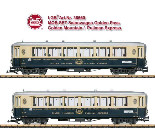 LGB Art. Nr. 36660 - Personenwagen-Set bestehend aus zwei Wagen des "Golden Mountain Pullman Express" der CIWL, wie sie bei der MOB in den 30er-Jahren im Einsatz waren. Originalgetreue Farbgebung und Beschriftung der Epoche II. Detaillierte Inneneinrichtung, Innenbeleuchtung serienmäßig eingebaut. Türen zum Öffnen. Metallradsätze. Länge über Puffer je Wagen 66 cm.
