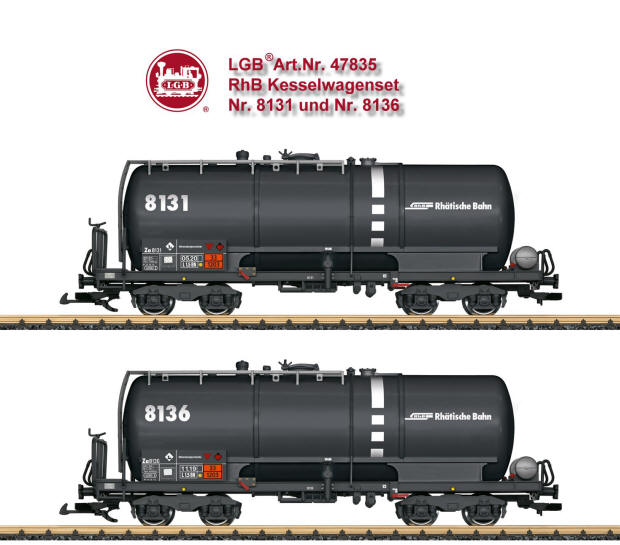 LGB Art. Nr. 47835 - Kesselwagen-Set der RhB der Serie Za. Originalgetreue Farbgebung und Beschriftung der Epoche VI. Betriebsnummer Za 8131 und Za 8136. Der Kessel lässt sich befüllen und entleeren. Metallradsätze. Länge über Puffer pro Wagen 48 cm.