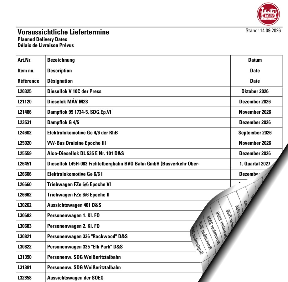 Hier können Sie die "Voraussichtlichen Liefertermine" September - als Liste downloaden.